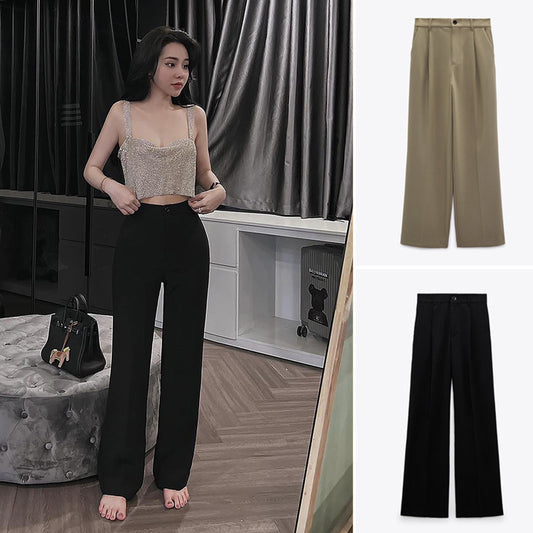 Casual Zipper And Button Closure Front Pleated Design High Waist Trousers