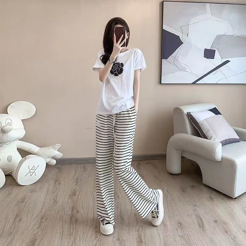 New Korean-style Casual Camellia-print Pure Cotton Short-sleeve T-shirt Set