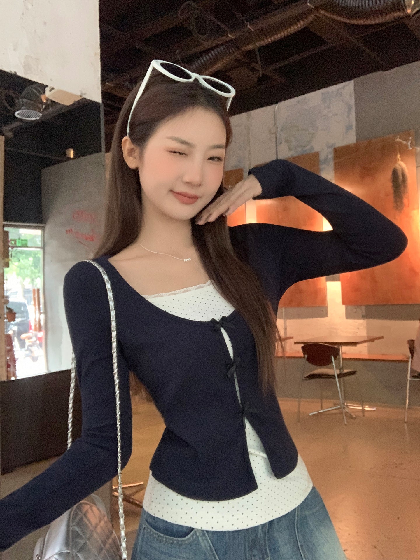 False Two-piece Patchwork Bow Long Sleeve T-shirt Women's Slim Top