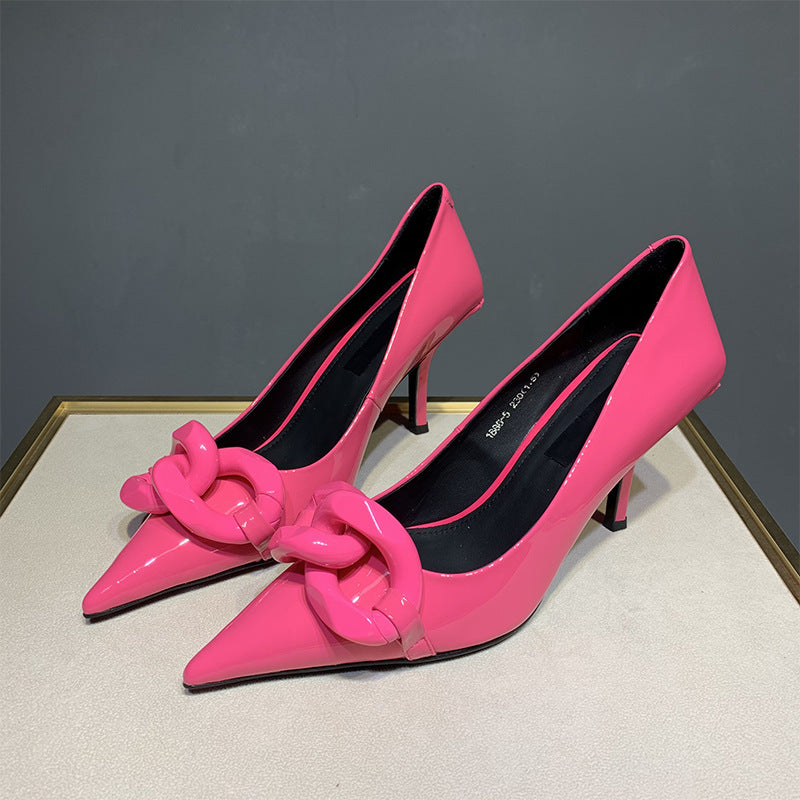 Patent Leather Candy Color Pointed Chain Temperament All-match High Heels