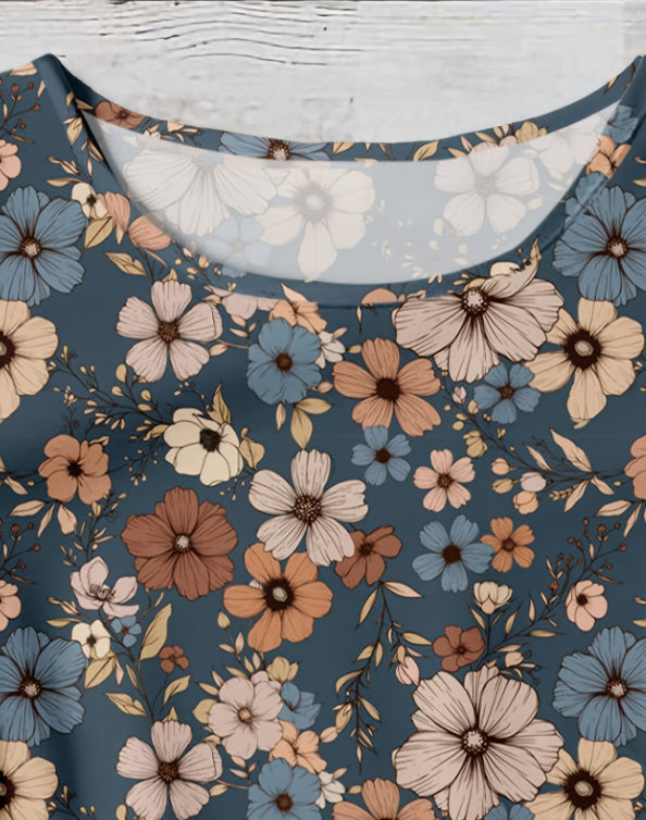 Elegant Women's Vintage Floral Print Round Neck Ruffle Trim Shirt