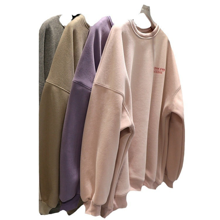 Fleece-lined Thick Lazy Round Neck Loose Sweatshirt Women