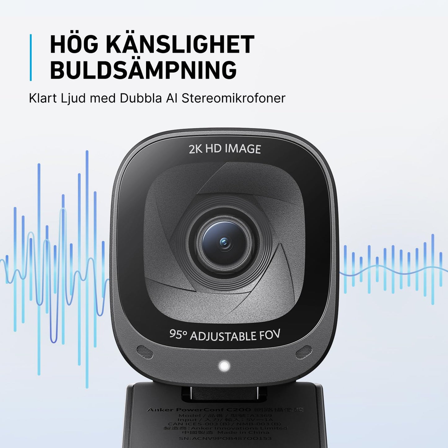 Anker PowerConf C200 2K USB Webcam, Webcam för bärbar dator, datorkamera, med AI-brusreducerande mikrofoner, stereomikrofoner, justerbart synfält, korrigering i svagt ljus, inbyggt sekretesskydd