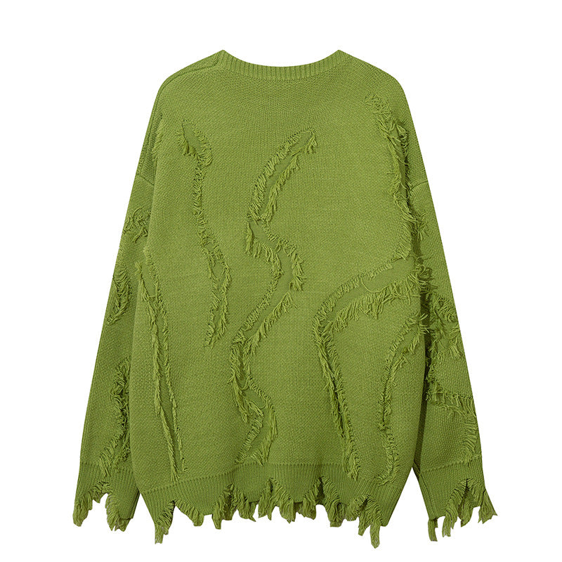 Idle Style Cat Beard Tassel Ripped Round Neck Sweater