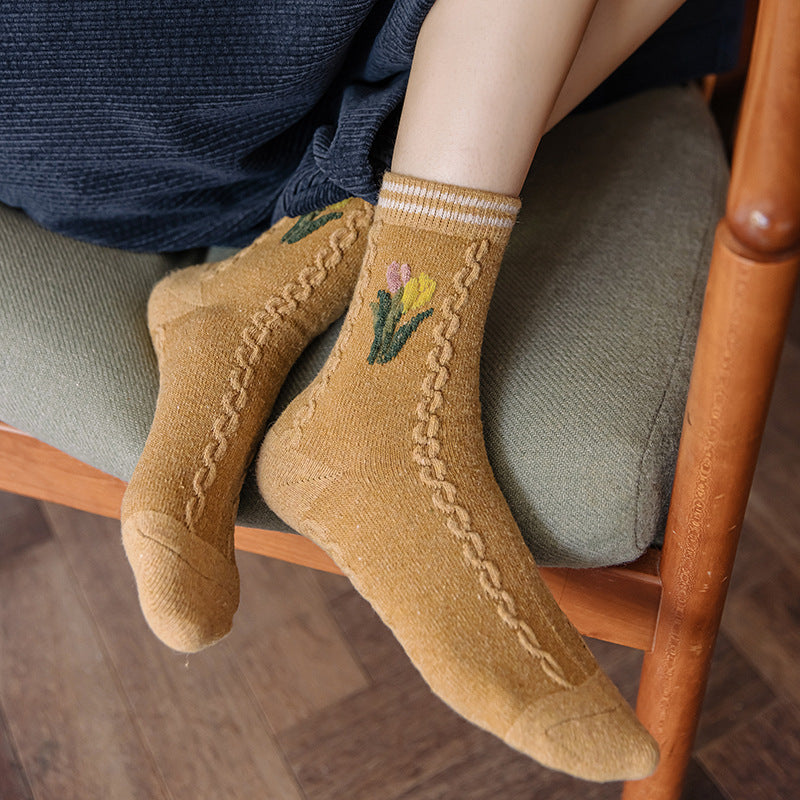 Golden Retro Tulip Mid-tube Socks Warm And Thick