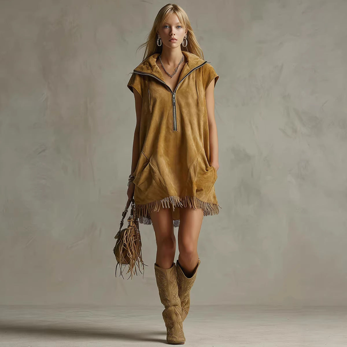 Casual Western-style Zippered Collar Tasseled Suede Dress