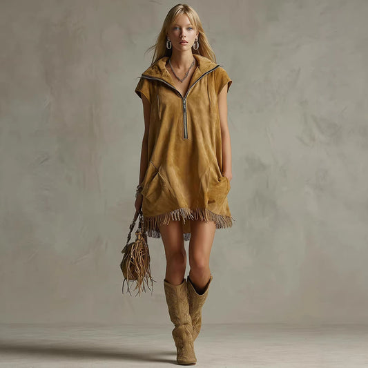 Casual Western-style Zippered Collar Tasseled Suede Dress
