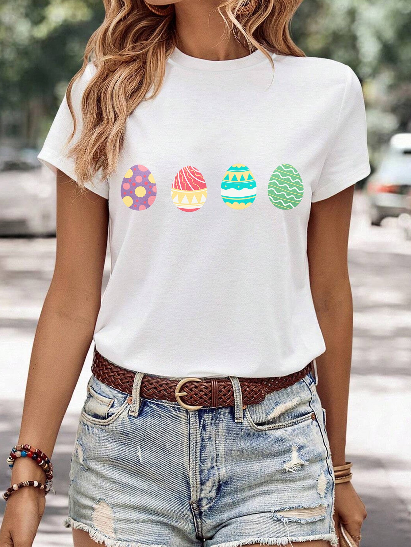 Kvinders minimalistiske afslappede T-shirt med print og rund hals
