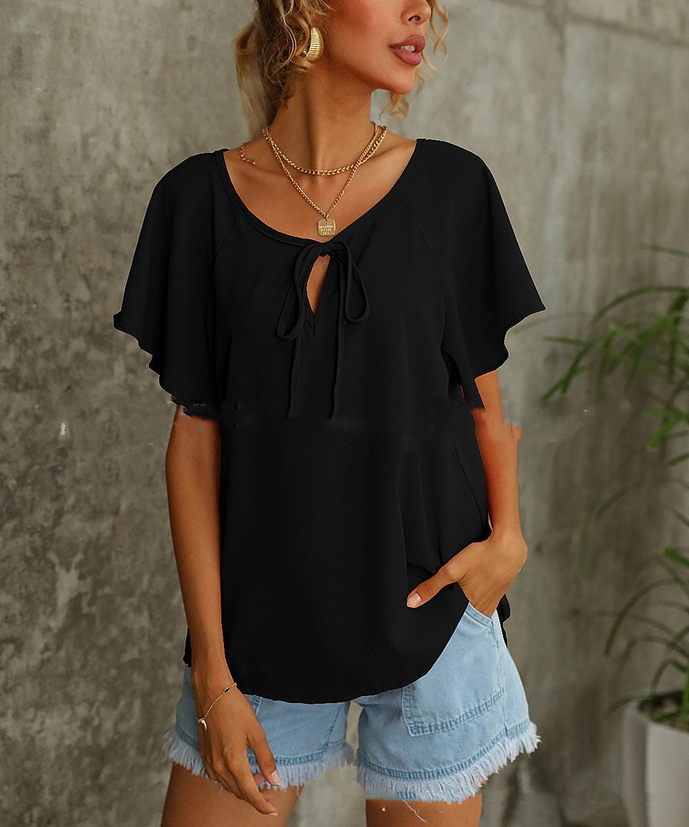Women's Short Sleeve Fashion Solid Color V-Neck Shirt Top Women