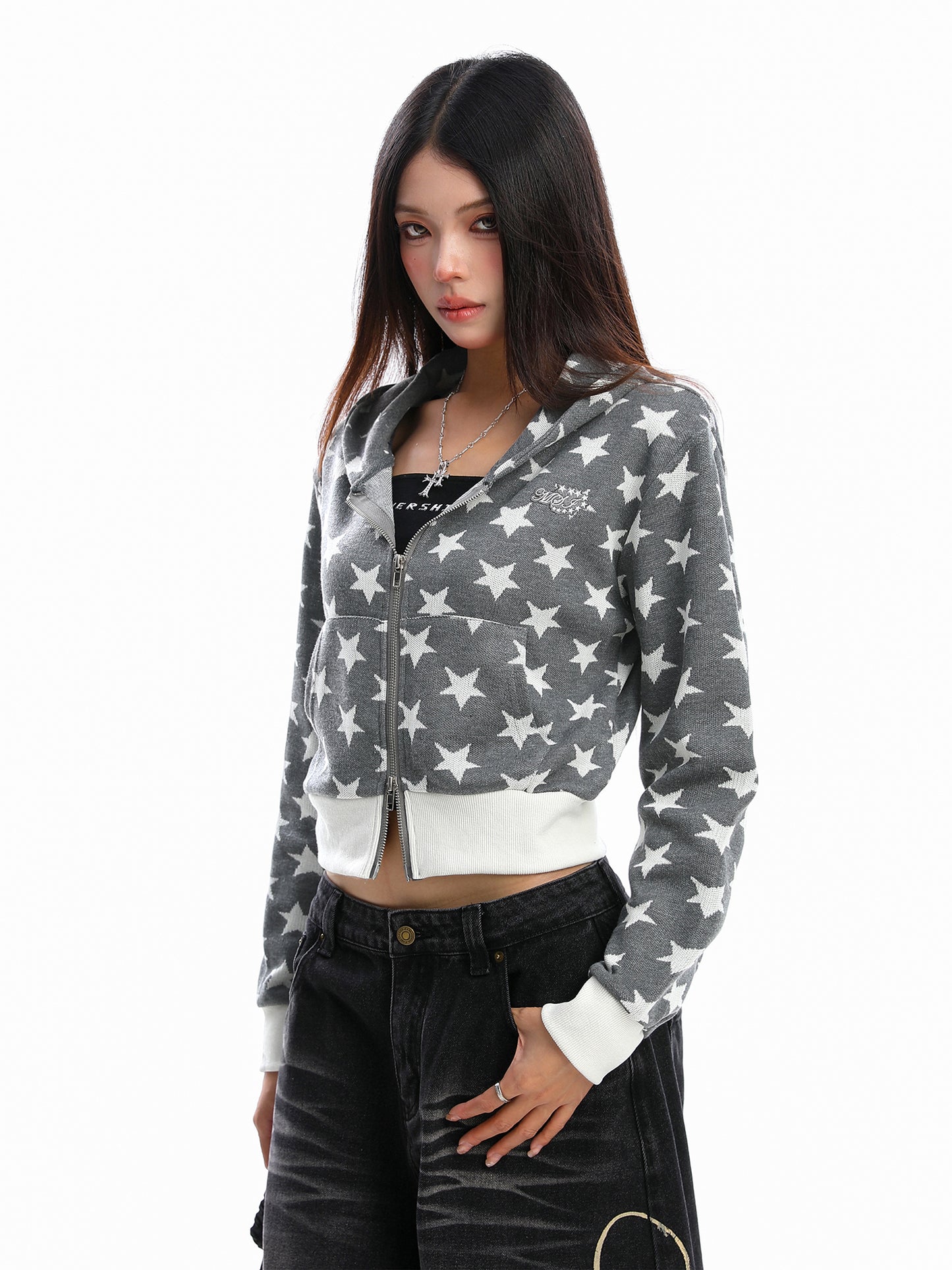 Full Printed XINGX Hooded Short Sweater Women's Cardigan Zipper Coat