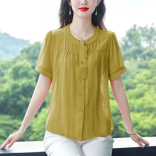 Spring And Summer Simplicity Temperament Crew Neck Cotton Linen Shirt Women