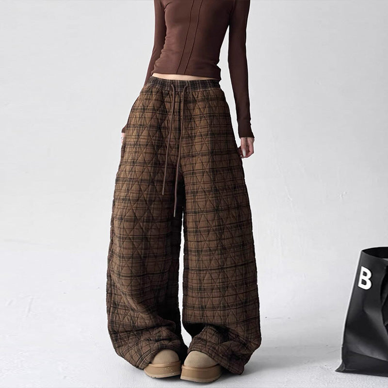 European And American Street-style Casual High-waisted Straight-leg Retro Wide-leg Fleece-lined Pants