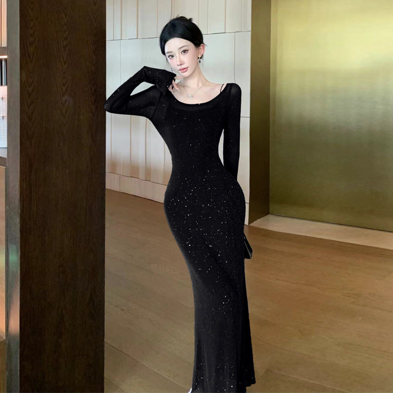 Womens Off-the-Shoulder Dress And Shiny Silk Blouse Two-Piece Set