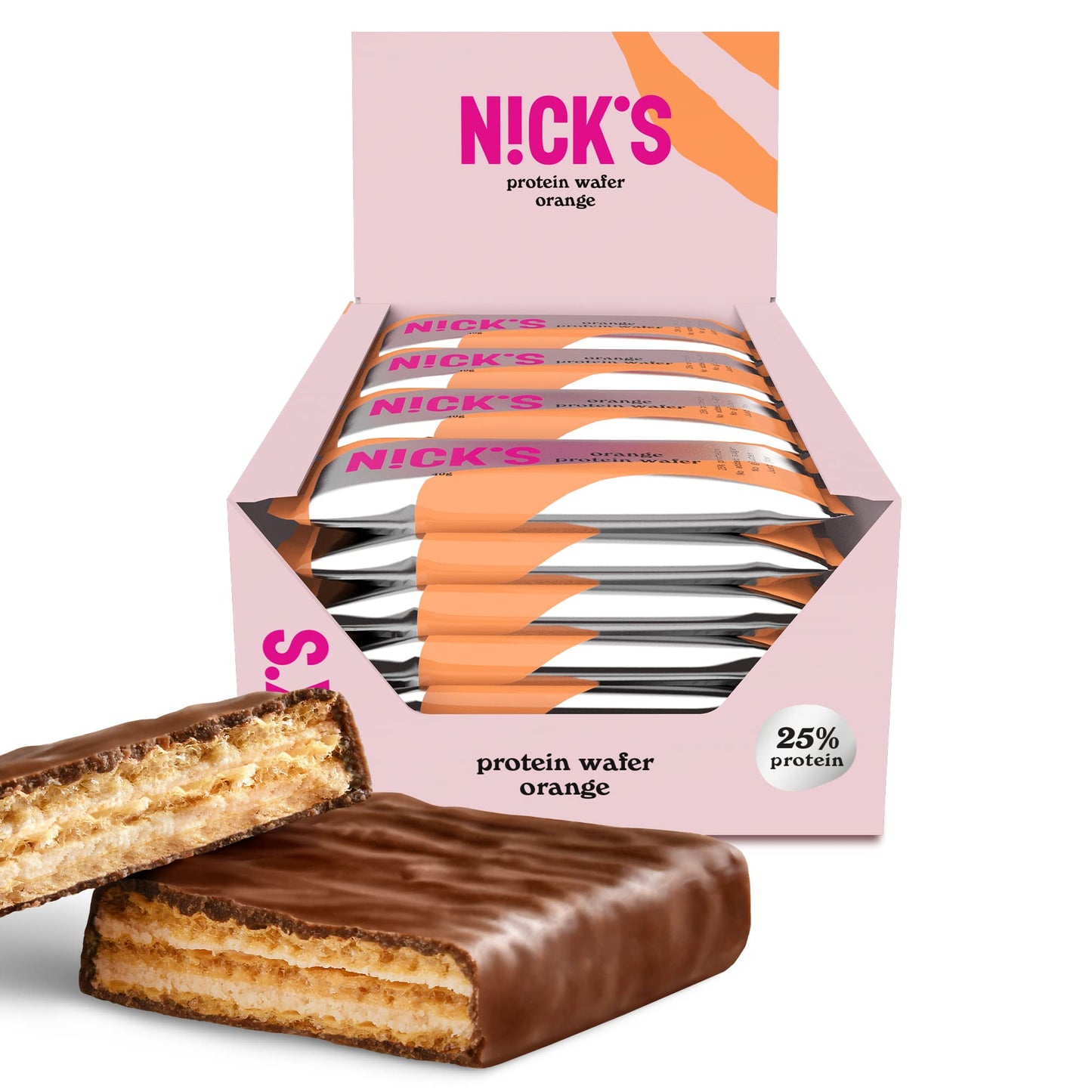 NICKS Protein Wafer Bar | 25% Protein | 203 Calories | Low carb Choklad Kexbar Snack utan tillsatt socker, glutenfri (Orange, (24x40g))