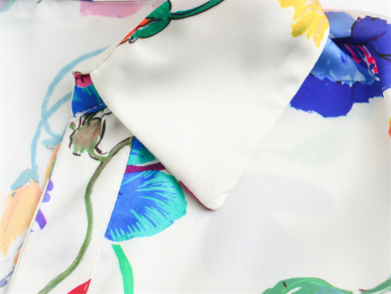 Women's French Fashion Floral Print Satin Shirt Women