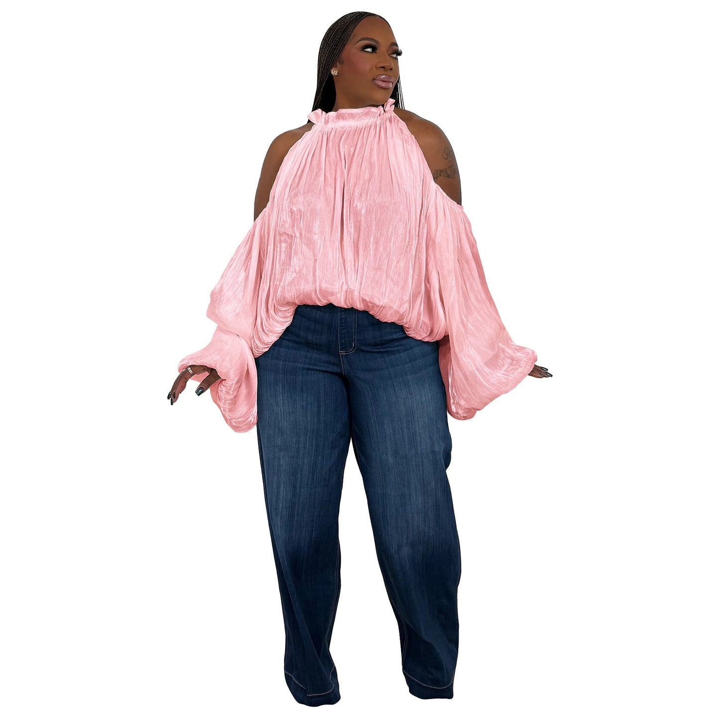 Design-forward Womens Top With An Off-the-shoulder Cut And Puffed Organza Sleeves