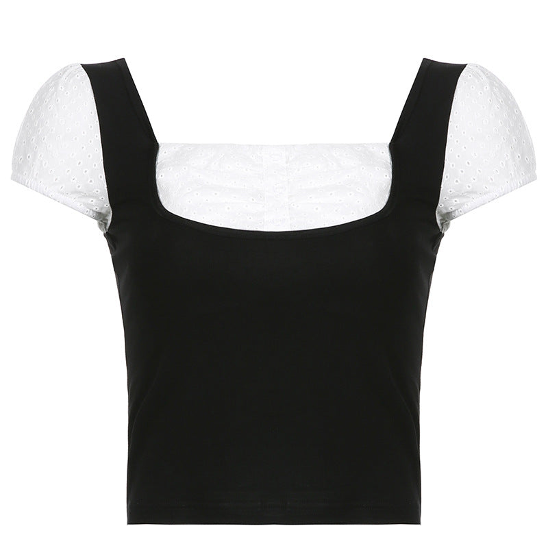 Fake Two Black And White Contrasting Temperament Square Neck Short Sleeves
