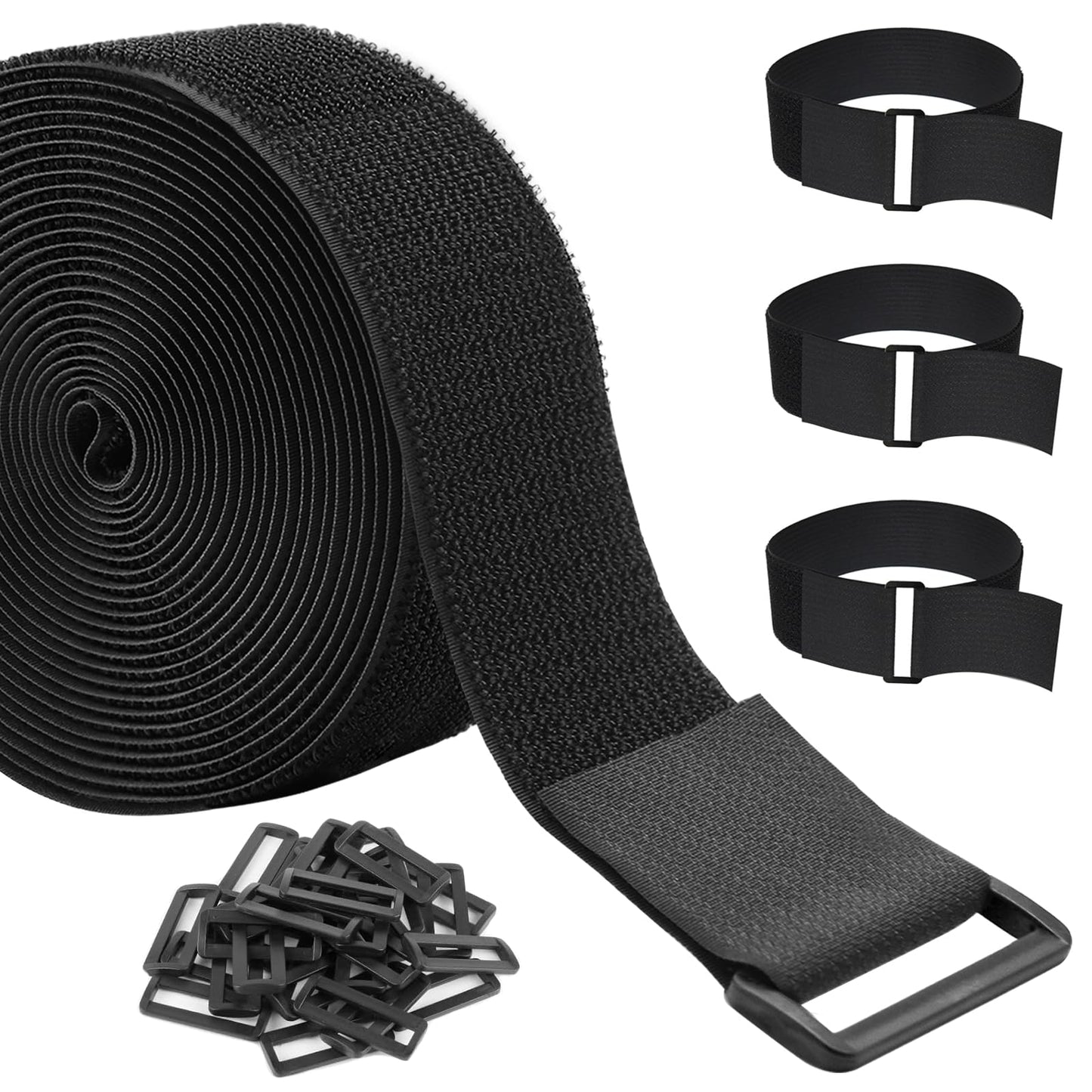 ZSURLUX Återanvändbara kabelband 3,8 cm x 5 m med 15 spännen, kraftiga justerbara krok- och ögla-trådremmar för kabelprydnad, artikelorganisering, utomhusbindning, svart