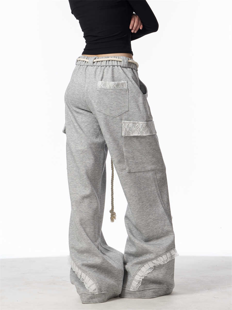 Gray Wide Leg Multi-pocket Drawstring Track Sweatpants Women's Casual Pants
