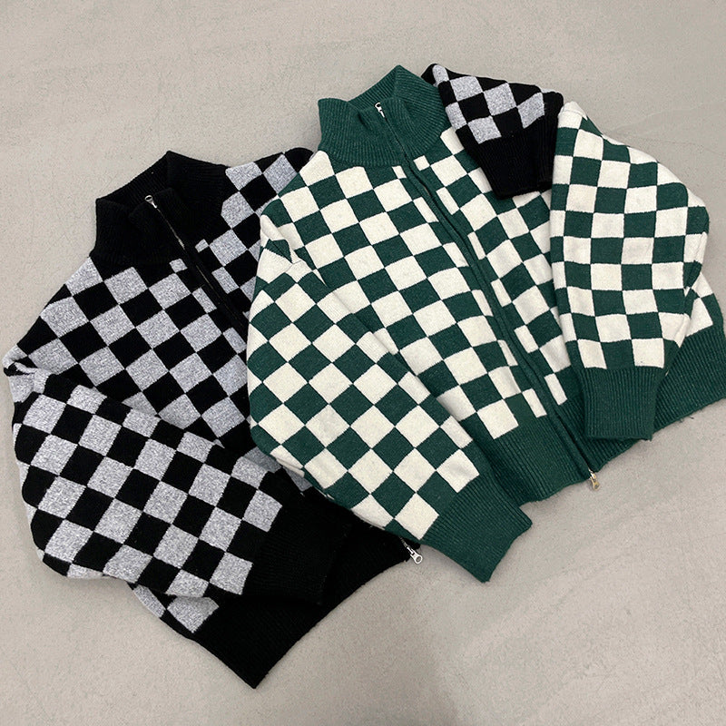Checkerboard Sweater Men's Loose Trend Stand Collar