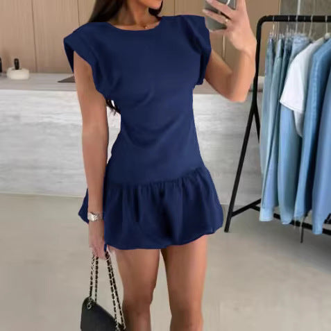 Womens Solid-Color Fashion Short-Sleeve Ruffle-Trim Dress