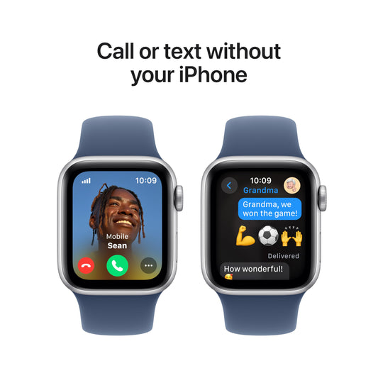 Apple Watch SE (andra generationen) GPS + Cellular 40 mm Klocka med boett i silver aluminium och Sportband denimblå - M/L. Tränings- och sömnmätare, kraschdetektering, pulsmätare, Retina-skärm