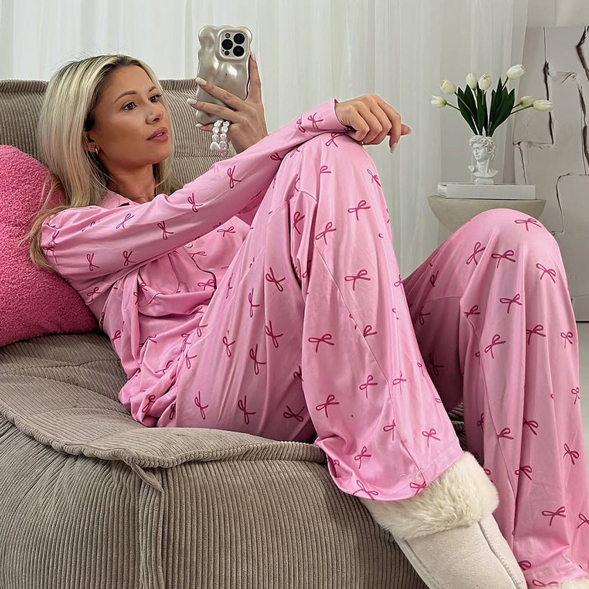 New Knitted Bow-printed Long-sleeve Pants Set