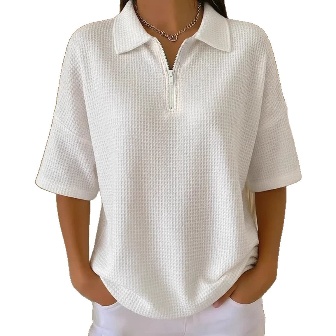 Pullover Drop-shoulder Half-zip Waffle-knit Short Sleeve