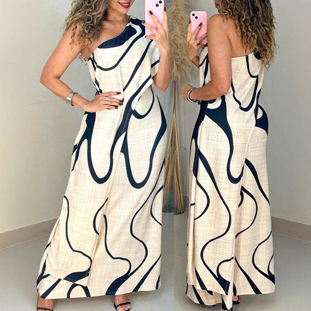 Vacation One-shoulder Sleeveless Printed Dress
