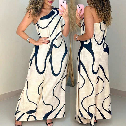 Vacation One-shoulder Sleeveless Printed Dress