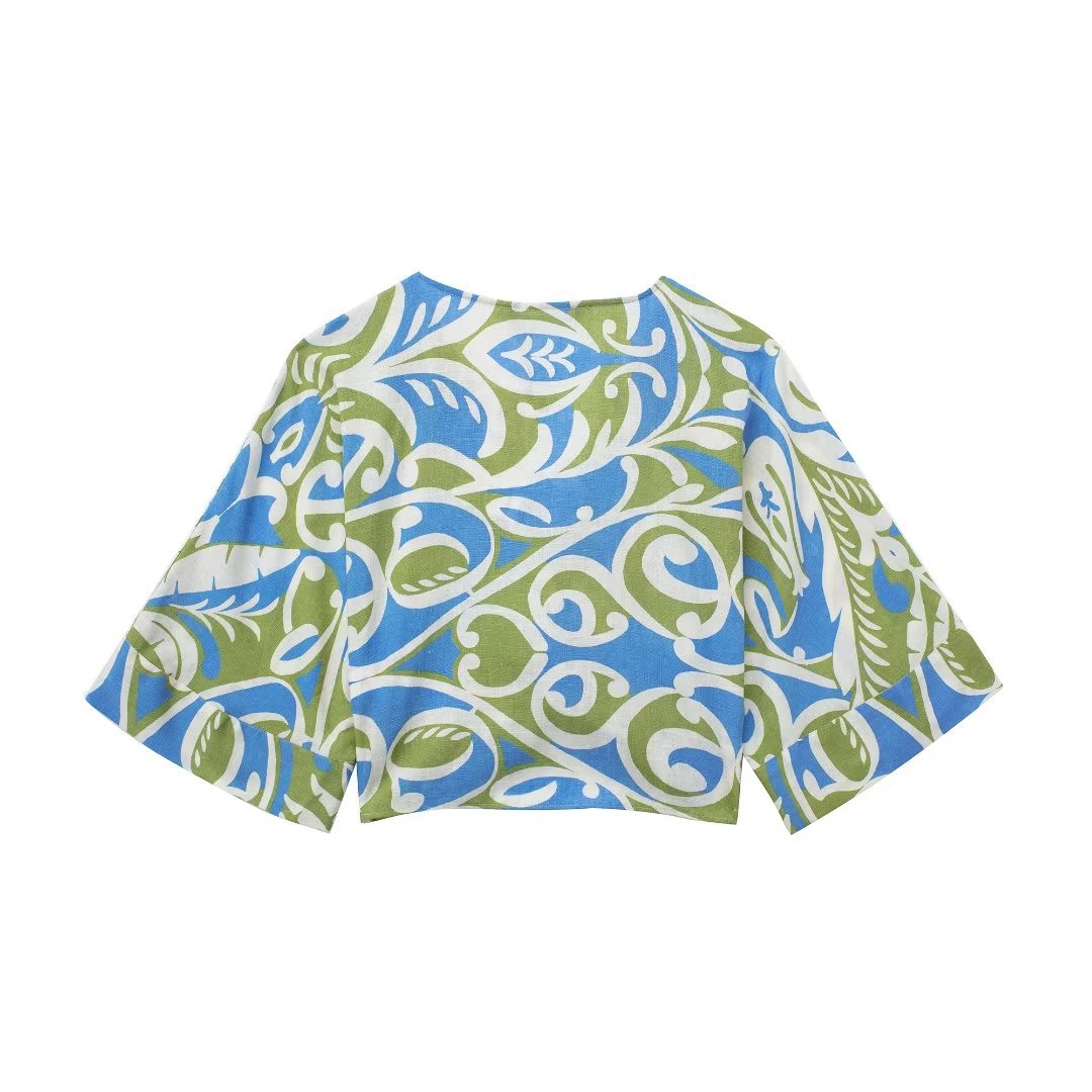 Women's Knotted Shirt Top Printed Wrap Midi Skirt Set