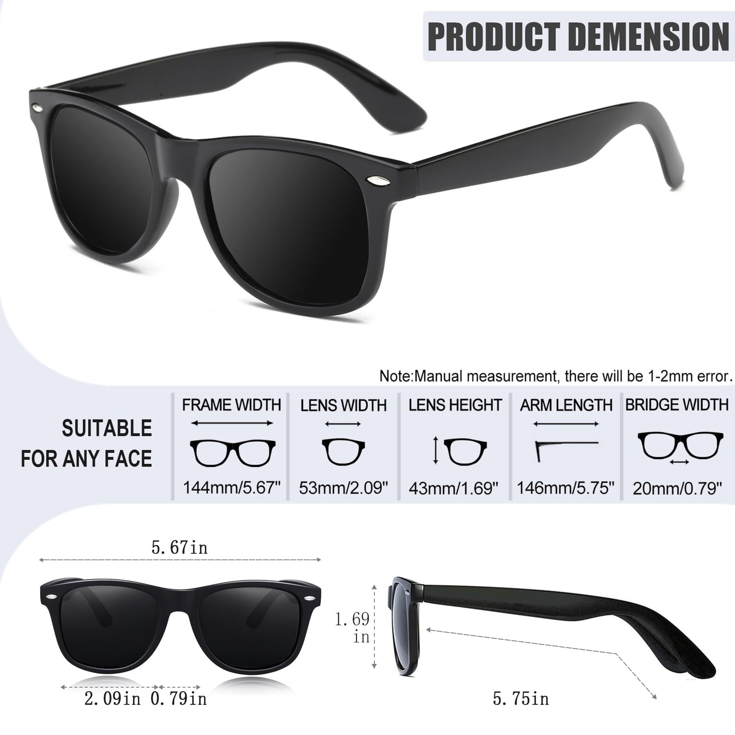 Joopin Solglasögon Herr Polariserade Retro Rektangulära Solglasögon UV400 Dam Spegel Stor Polarized Square Sunglasses for Men and Women för Utomhus Vandring Fiske Golf
