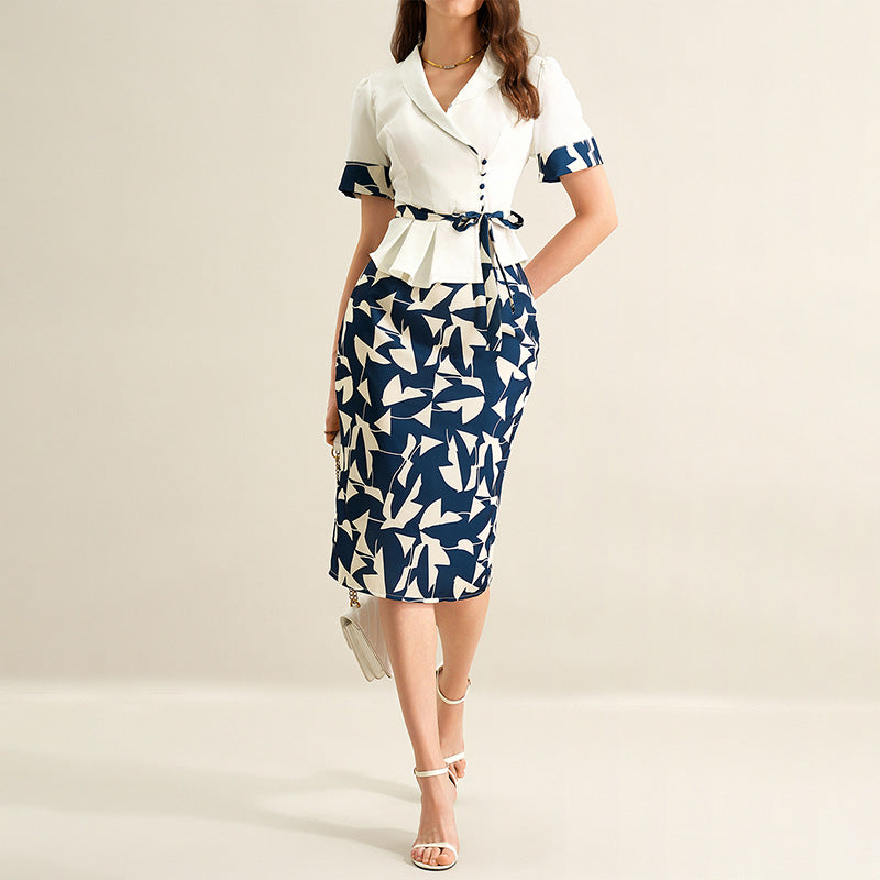 Womens Suit Shirt And Abstract Printed Sheath Midi Skirt Set