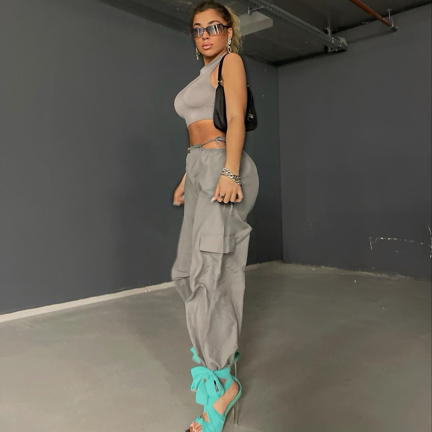High Waist Hollow Drawcord Solid Leggings Cargo Pants