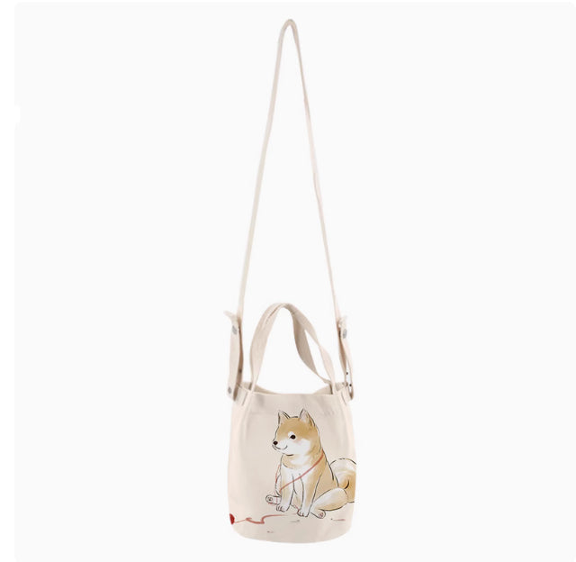 Japanese Ink Painting Cute Shiba Inu Canvas Small Bucket Bag