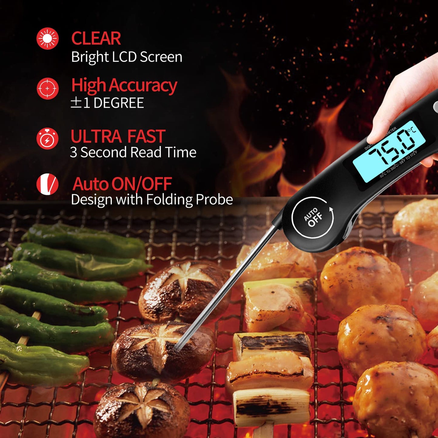 DOQAUS Kötttermometer Digital, 3s omedelbar läsning Matlagningstermometer, Vikbar Sond Grilltermometer med Hög Noggrannhet, Bakgrundsbelysning LCD-skärm, Automatisk på/av för Kök, Grill, Mjölk (svart)