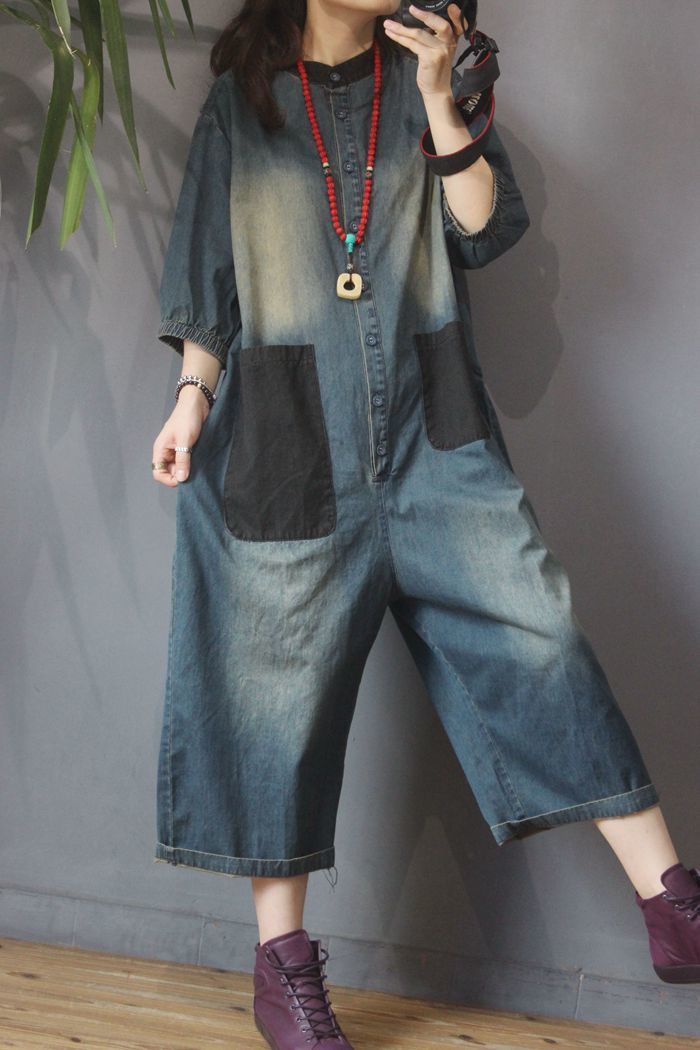 Retro Personality Plus Size Patch Large Pocket Jumpsuit