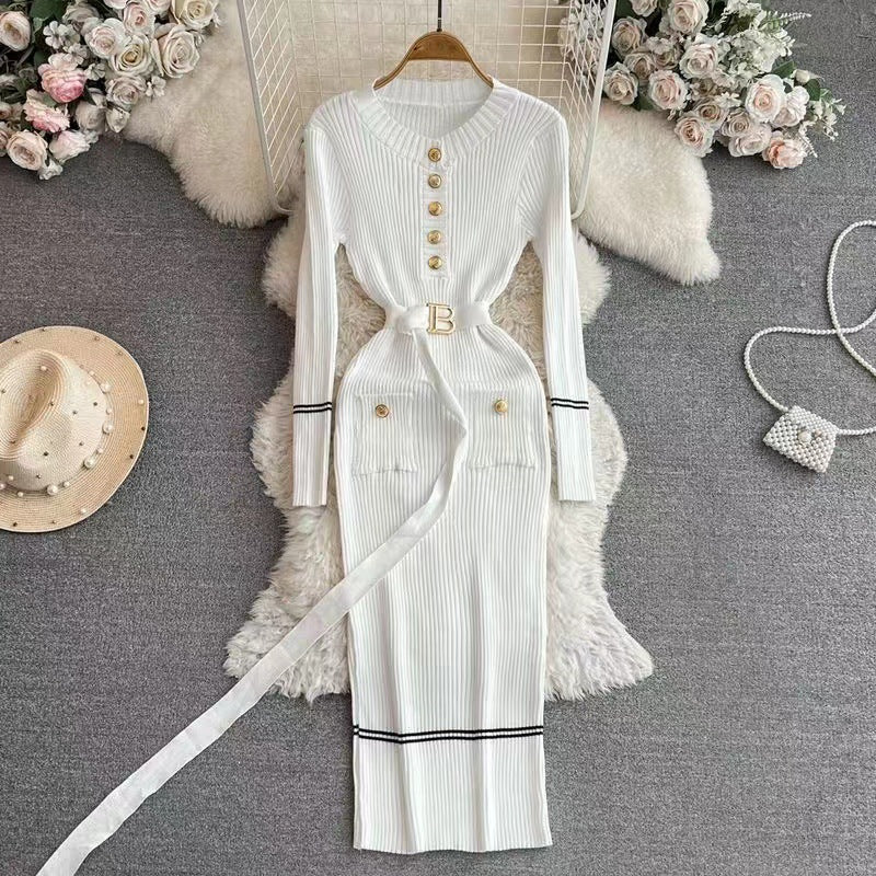 French-style Elegant Figure-flattering Crew-neck Dress