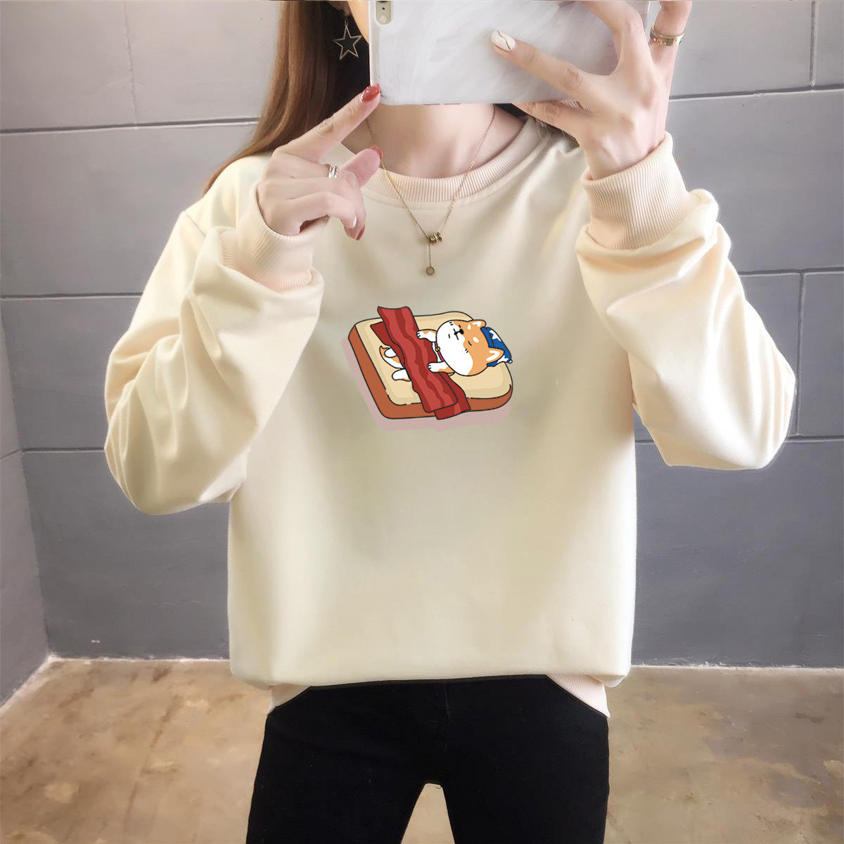 Student Casual Cartoon Top Trendy Round Neck