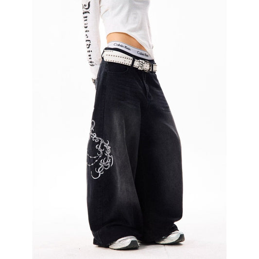 Womens Embroidered Patchwork Casual Straight-Leg Pants