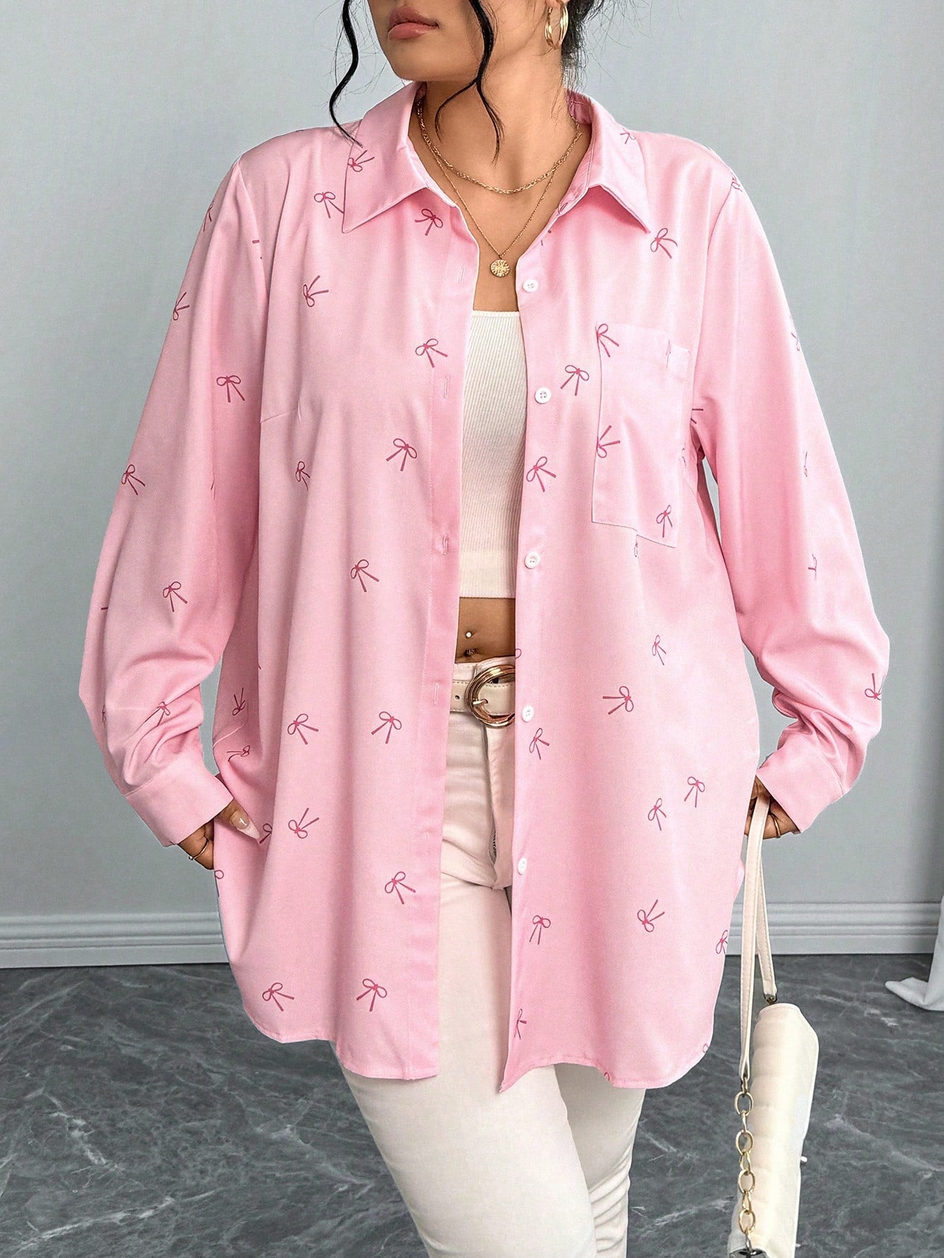 New Plus Size Womens Shirt Jacket With Bow Tie And Print Long Sleeve Top