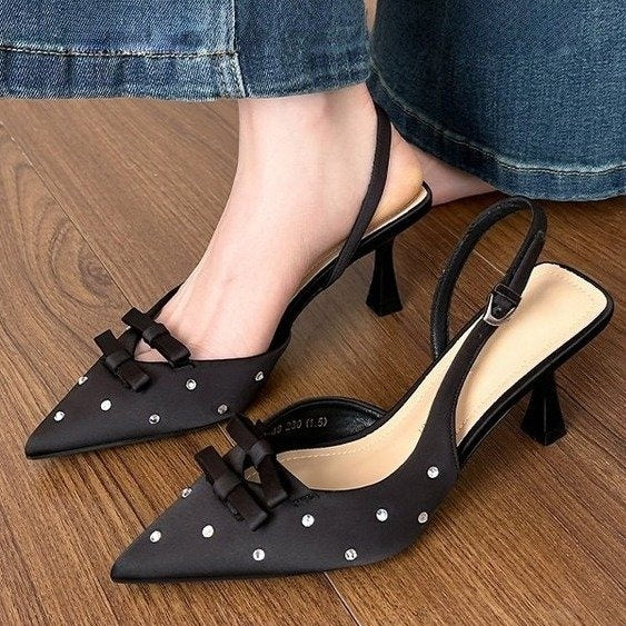 Spring-Summer New Closed Toe Slingback Heeled Sandals For Women, Stiletto Heel With Bowknot, Rhinestone Fashion High Heels, European & American Style
