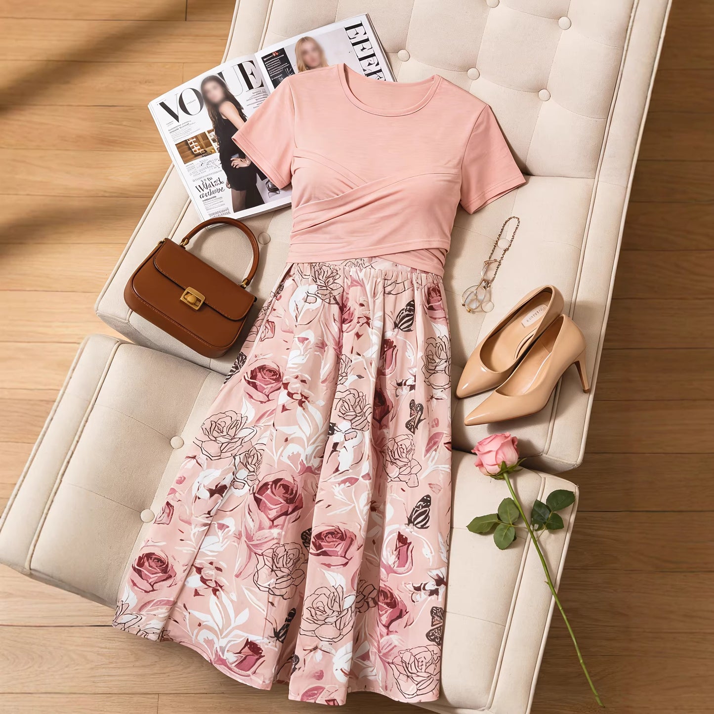 Women's Two-piece Dress, Solid Color Bow Slimming Top And Floral Print Skirt