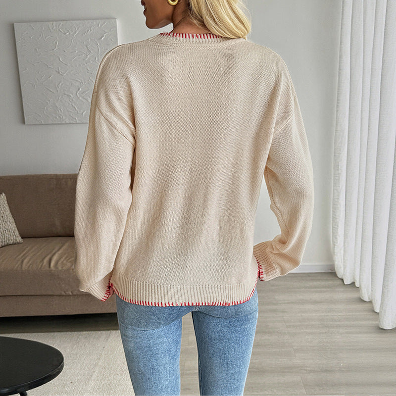 European And American Contrast Color Animal Pattern Crew Neck Pullover Sweater Female