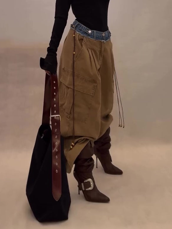 Khaki Denim Panel Drawstring Wide-Leg Cargo Pants
