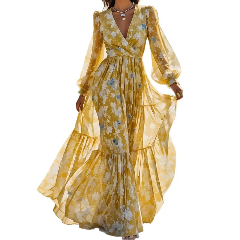 Summer New Print V-neck Long Dress