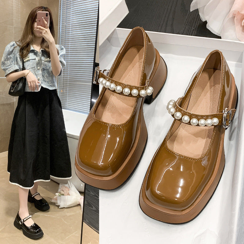Thick Bottom Increased Word With Pearl Square Head Pumps Vintage Muffin Bottom British
