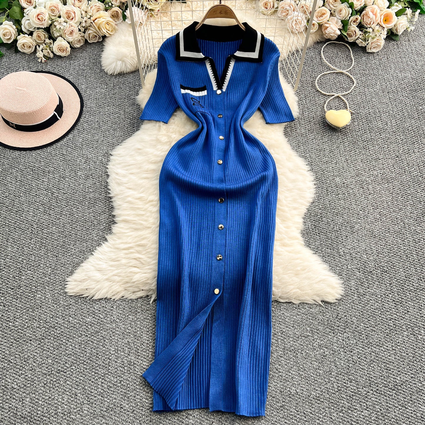 Womens Embroidered Defined-Waist Knitted Dress