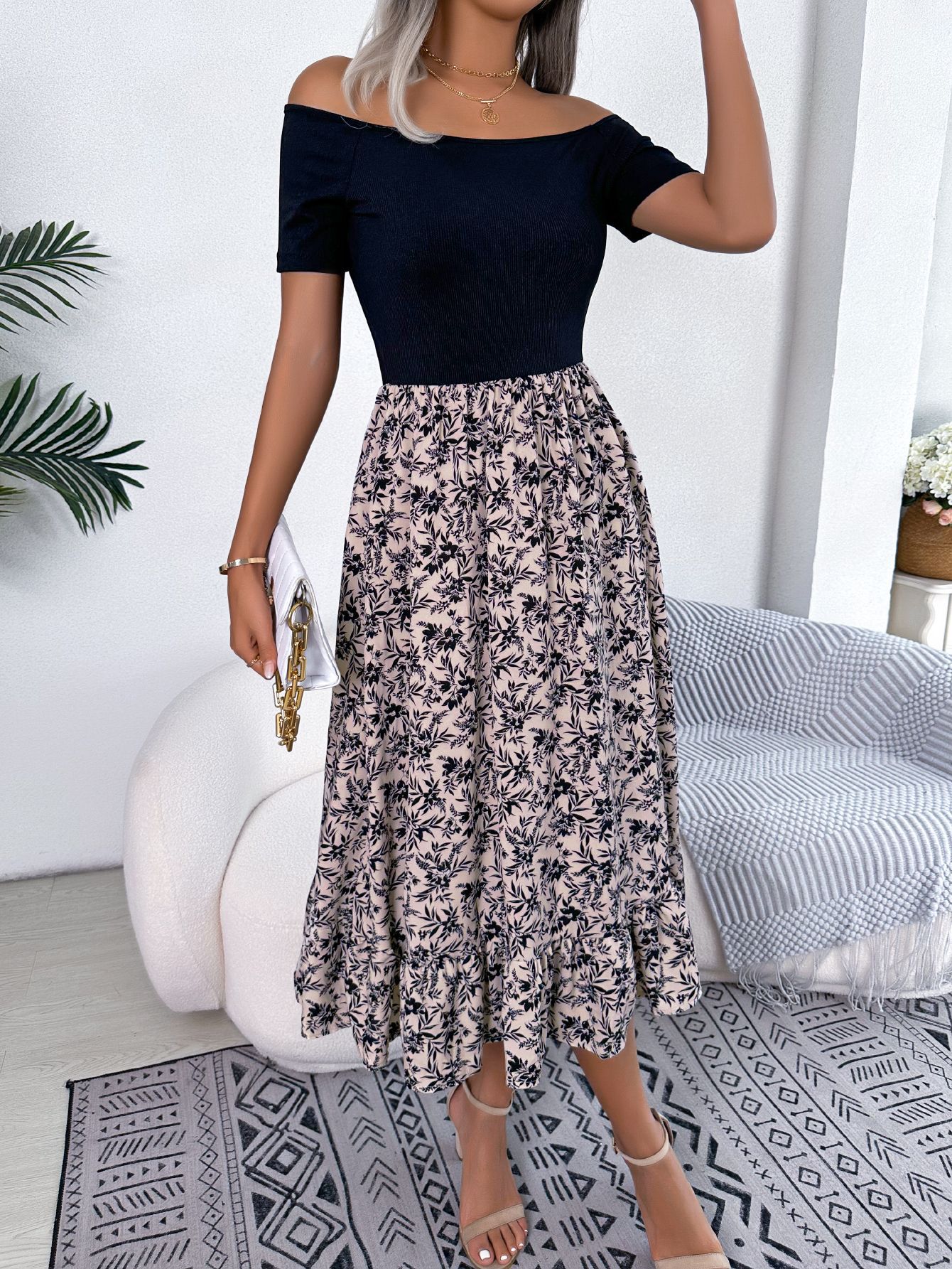 Women  Casual Off Shoulder Floral Print Ruffle Midi Dress