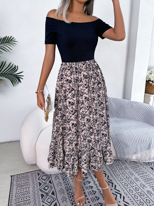 Women  Casual Off Shoulder Floral Print Ruffle Midi Dress